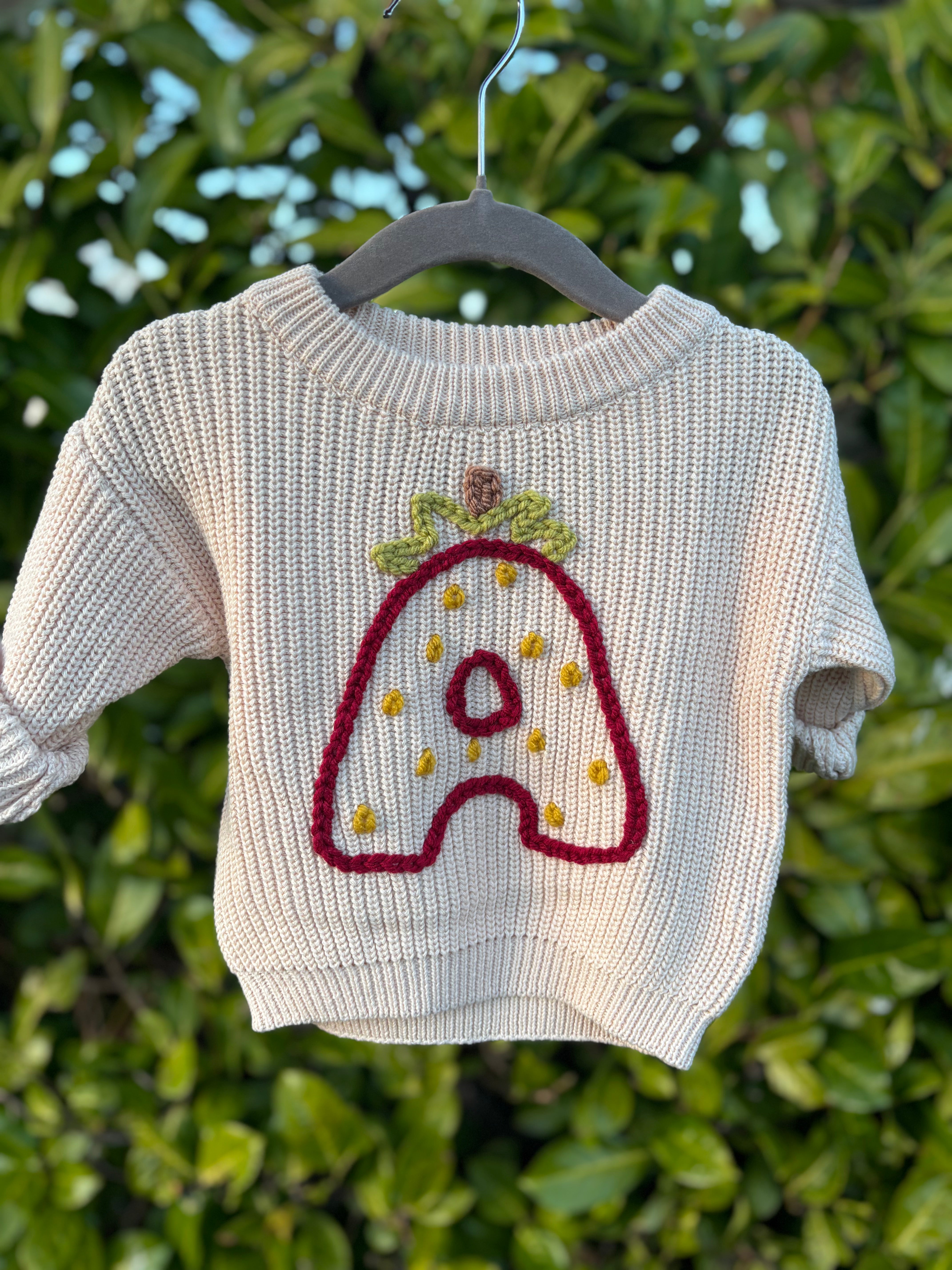 Strawberry Initial “A” hand embroidered sweater
